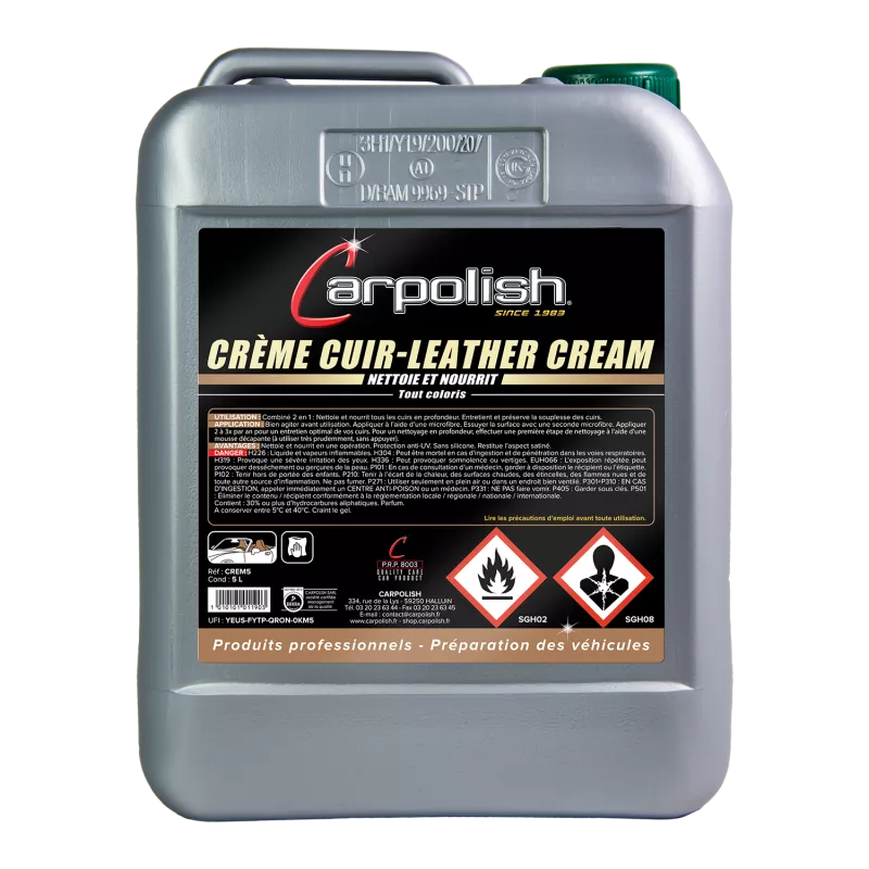 bidon 5litre entretien cuir automobile creme nettoyant et nourrissante et finition carpolish